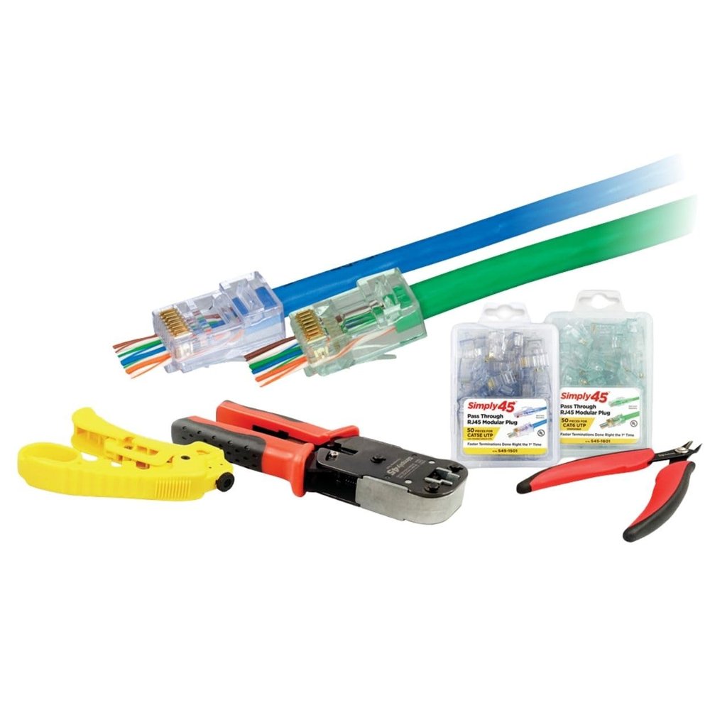 Simply45 Pass-Through Cat5e/6 UTP Starter Kit - Includes (50) Cat5e Unshielded Clamshell, (50) Cat6 Unshielded Clamshell, Cutter Tool, RJ45 Crimp Tool, and Cable Stripper - S45-PTK56U