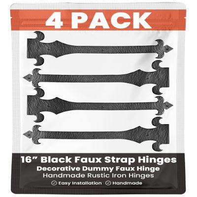 4 Pack 16" Black Faux Strap Hinges - Hand Forged Dummy Faux Hinge  Handmade Rustic Iron Hinges for Farmhouse Shutter, Carriage Doors, Barn Door, Castle Door, and Gates  Nouvelle Fleur De Lis Series