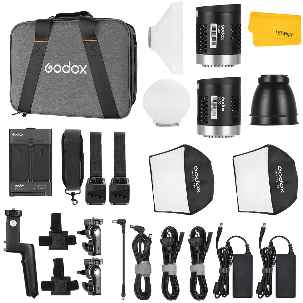 Godox ML30 2-Light Kit LED Video Light, 37.6W 5600K Color Temperature, CRI 96+ TLCI 97+,8590Lux@1m with Reflector,4 FX Effects, Silent Mode,APP Wireless Control,LED Light with Godox SF3030 Softbox