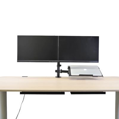 AEONS Dual Monitor and Laptop Desk Mount Combo Stand with Notebook Tray fits 17 inch, 3-in-1 Adjustable Triple Arm Mount fits 27 inch LCD Screen with VESA, Clamp and Cable Management, Black