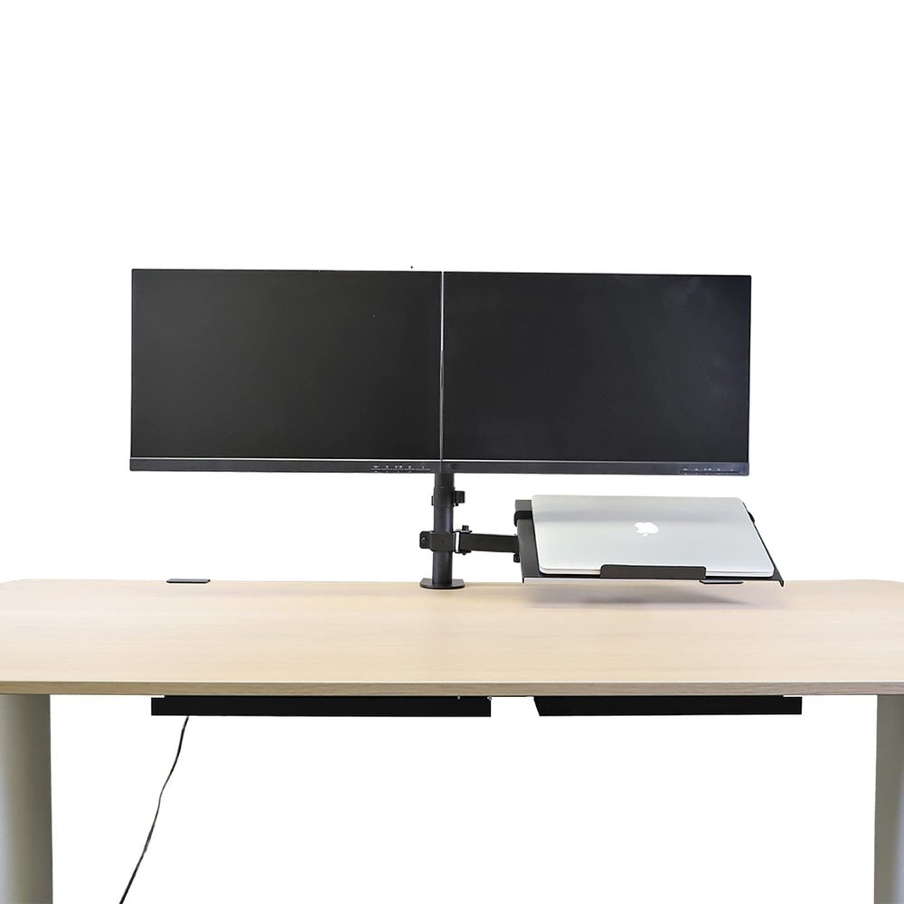 AEONS Dual Monitor and Laptop Desk Mount Combo Stand with Notebook Tray fits 17 inch, 3-in-1 Adjustable Triple Arm Mount fits 27 inch LCD Screen with VESA, Clamp and Cable Management, Black