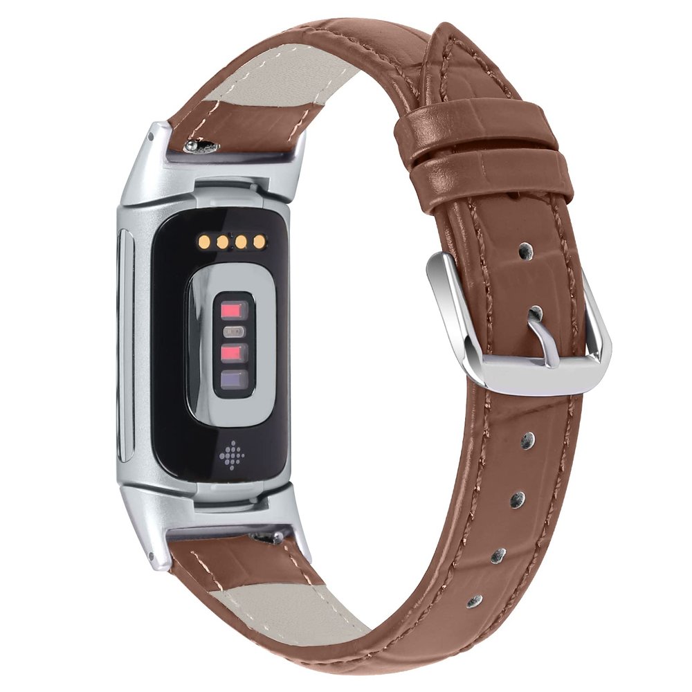 FitTurn Compatible with Fitbit Charge 5 Leather Bands for Women Men Replacement Luxury Crocodile Embossed Business Genuine Leather Watch Band for Charge 5 (Brown)