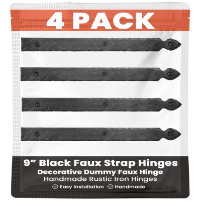 4 Pack 9" Black Faux Strap Hinges - Hand Forged Dummy Faux Hinge Handmade Rustic Iron Hinges for Farmhouse Shutter, Carriage Doors, Barn Door, Castle Door, and Gates The Jamestown Series