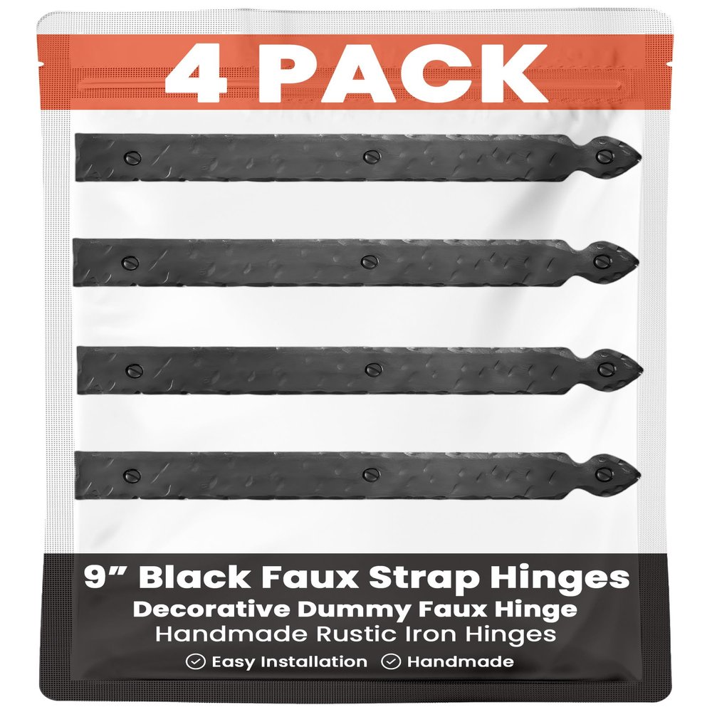 4 Pack 9" Black Faux Strap Hinges - Hand Forged Dummy Faux Hinge Handmade Rustic Iron Hinges for Farmhouse Shutter, Carriage Doors, Barn Door, Castle Door, and Gates The Jamestown Series