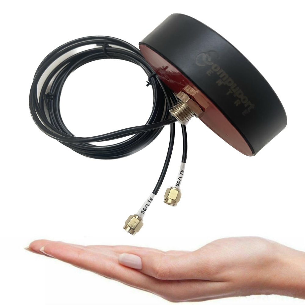 The CompuPort 5G LTE Puck Antenna features MIMO Omni-Directional technology, vandal resistance, both screw, and Double-sided Tape mount, and comes with 3-foot dual diversity SMA male connector cables.