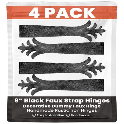 4 Pack 9" Black Faux Strap Hinges - Hand Forged Dummy Faux Hinge Handmade Rustic Iron Hinges for Farmhouse Shutter, Carriage Doors, Barn Door, Castle Door, and Gates The Ionian Series