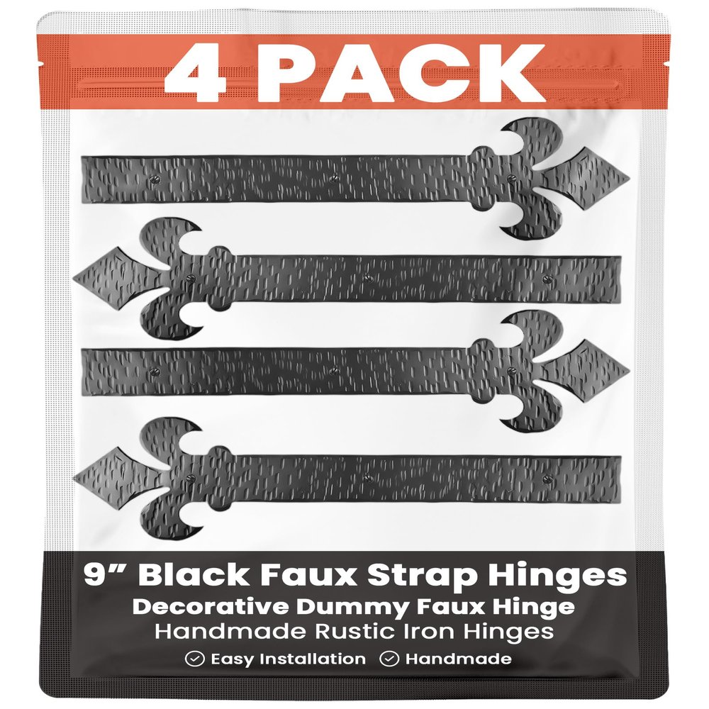 4 Pack 9" Black Faux Strap Hinges - Hand Forged Dummy Faux Hinge  Handmade Rustic Iron Hinges for Farmhouse Shutter, Carriage Doors, Barn Door, Castle Door, and Gates  The Fleur De Lis Series