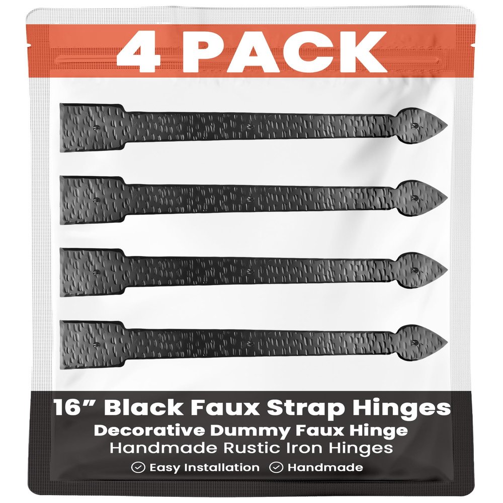 4 Pack 16" Black Faux Strap Hinges - Hand Forged Dummy Faux Hinge  Handmade Rustic Iron Hinges for Farmhouse Shutter, Carriage Doors, Barn Door, Castle Door, and Gates  The Colonial Series