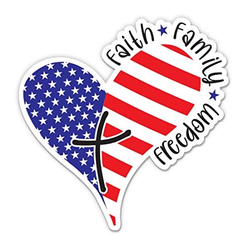 Faith Family Freedom Stickers - 2 Pack - Waterproof Vinyl for Car, Phone, Water Bottle, Laptop - Patriotic American Flag Heart Decals (2-Pack)
