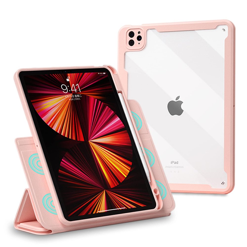 ABEIFAN Detachable for iPad Air 11 inch M3/M2 Case, iPad Air 5th/4th Gen Cover with Pencil Holder, Clear Acrylic Inner Cover for iPad Pro 11 inch (4th/3rd/2nd/1st) Magic Case, Auto Sleep/Wake, Pink
