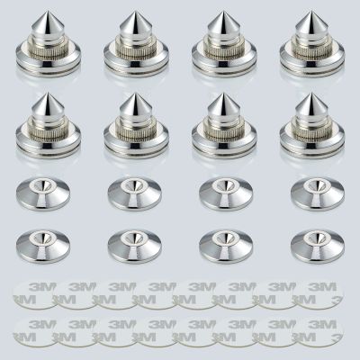 Pailvens Speaker Spikes Floor Protectors 8pcs, Adjustable Shockproof Speaker Isolation Stand Feet for HiFi Amplifier, Subwoofer, DAC Recorder, Turntable, Cone Base Pad with Adhesive, Silver