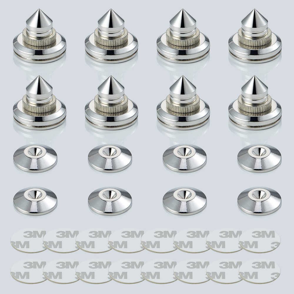 Pailvens Speaker Spikes Floor Protectors 8pcs, Adjustable Shockproof Speaker Isolation Stand Feet for HiFi Amplifier, Subwoofer, DAC Recorder, Turntable, Cone Base Pad with Adhesive, Silver