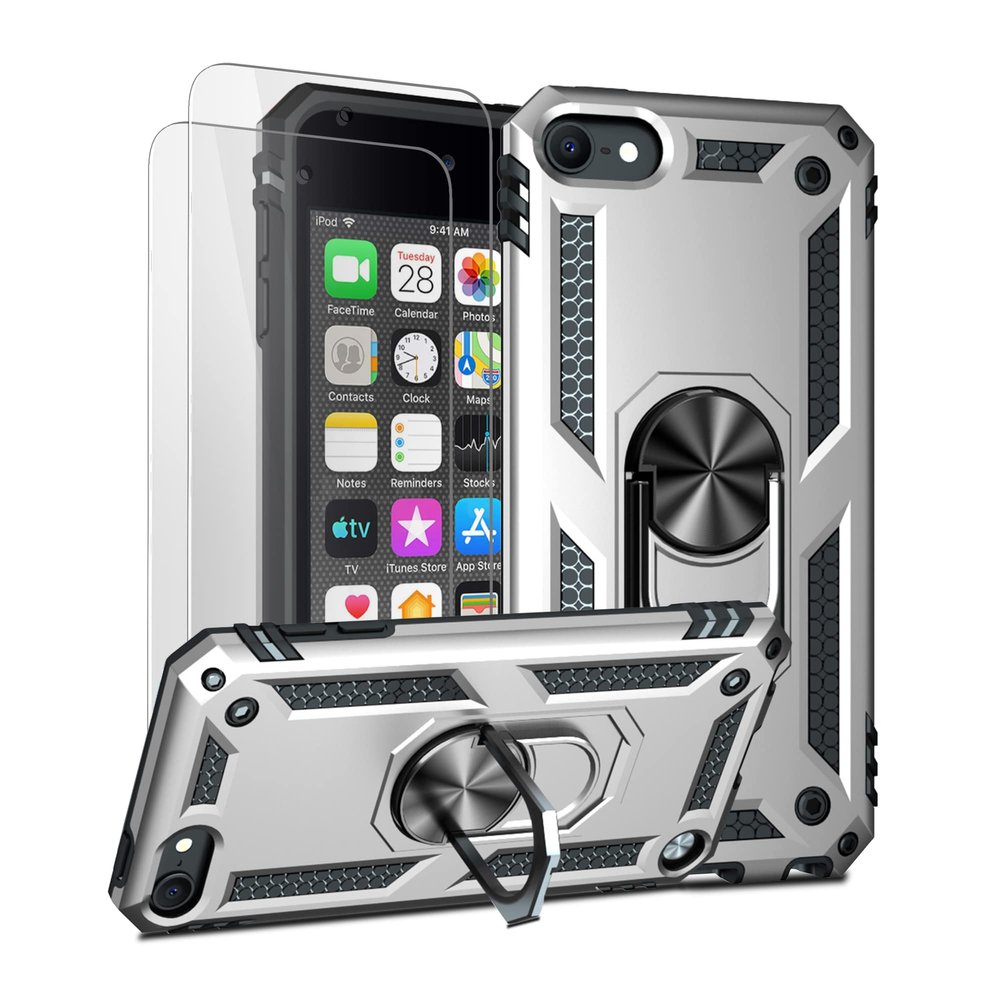 ULAK Compatible with iPod Touch 7/6/5 Case with 2 HD Screen Protectors, Hybrid Rugged Shockproof Cover with Built-in Kickstand for iPod Touch 7th/6th/5th Generation (Silver)