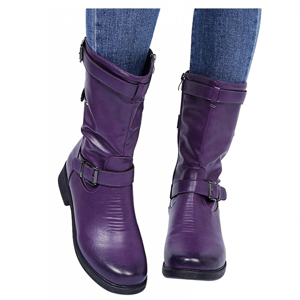 Bcshiye Womens Mid Calf Booties Winter Round Toe Low Heel Comfort Slouchy Riding Booties with Side Zipper Buckle Strap
