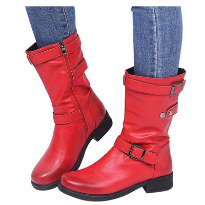 Bcshiye Womens Mid Calf Booties Winter Round Toe Low Heel Comfort Slouchy Riding Booties with Side Zipper Buckle Strap