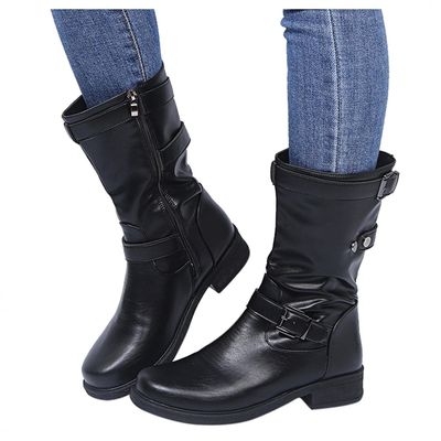 Bcshiye Womens Mid Calf Booties Winter Round Toe Low Heel Comfort Slouchy Riding Booties with Side Zipper Buckle Strap