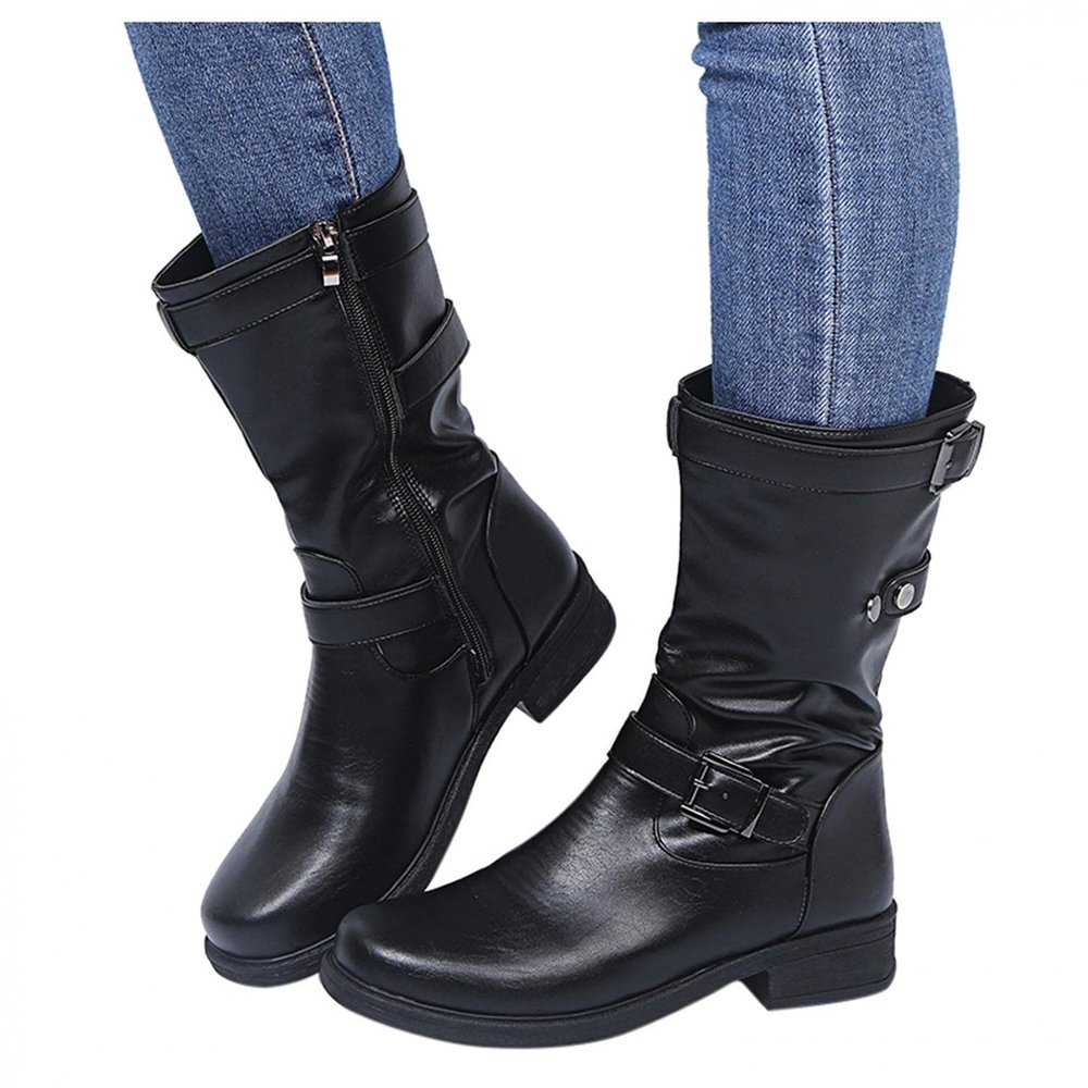 Bcshiye Womens Mid Calf Booties Winter Round Toe Low Heel Comfort Slouchy Riding Booties with Side Zipper Buckle Strap