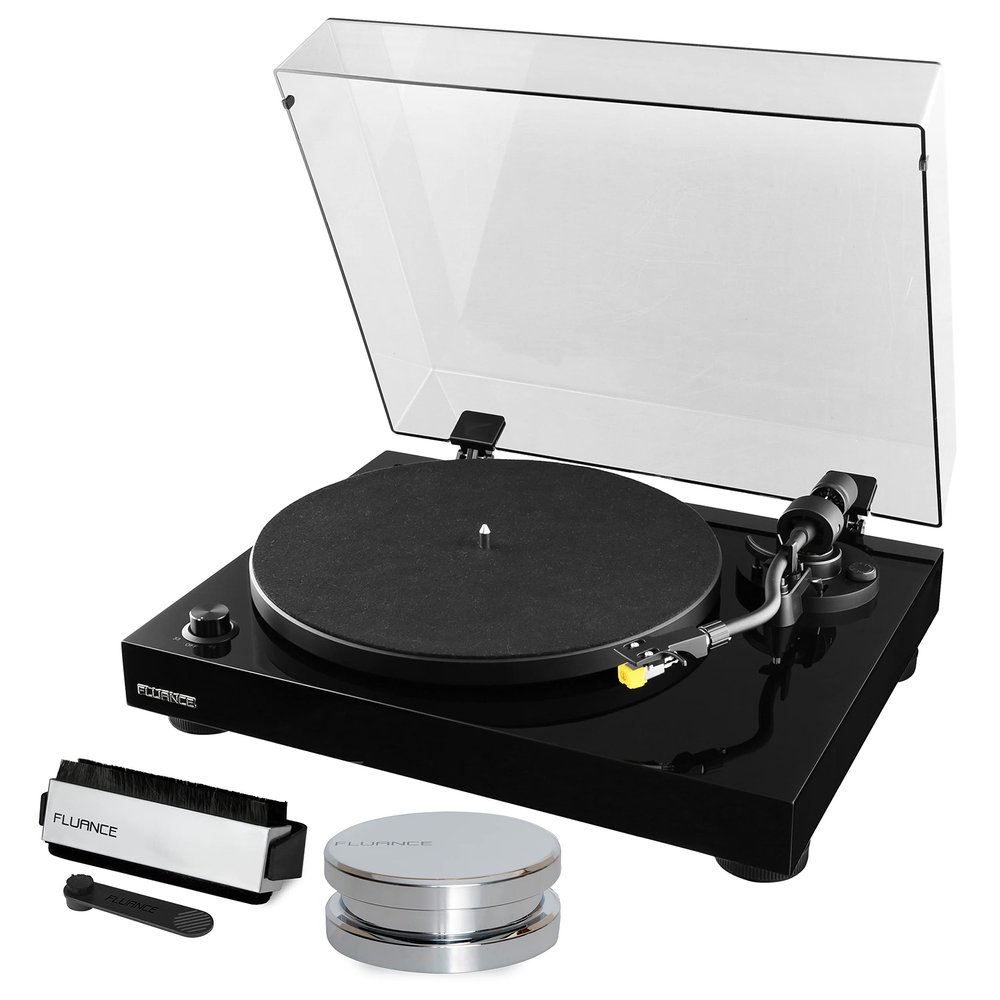 Fluance RT80 Classic High Fidelity Vinyl Turntable Record Player featuring Audio Technica AT91, Belt Drive, Built-in Preamp with Record Weight and 3 in 1 Stylus and Record Cleaning Vinyl Accessory Kit
