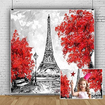 Vintage Paris Eiffel Tower Backdrop,Yeele 8x8ft Hand-Painted Watercolor Red Maple Leaf Street Lamp Bridge Hole Photography Background,Baby Home Party Portrait Decorate Photo Booth Shoot Studio Props