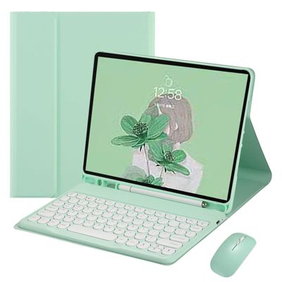 HENGHUI Keyboard Mouse for Galaxy Tab S9 FE+ / Tab S10+ / Tab S9+ / Tab S8+ /S7+/S7 FE 12.4 inch Keyboard Case with Mouse Cute Round Key Detachable BT Color Keyboard Cover (MintGreen)