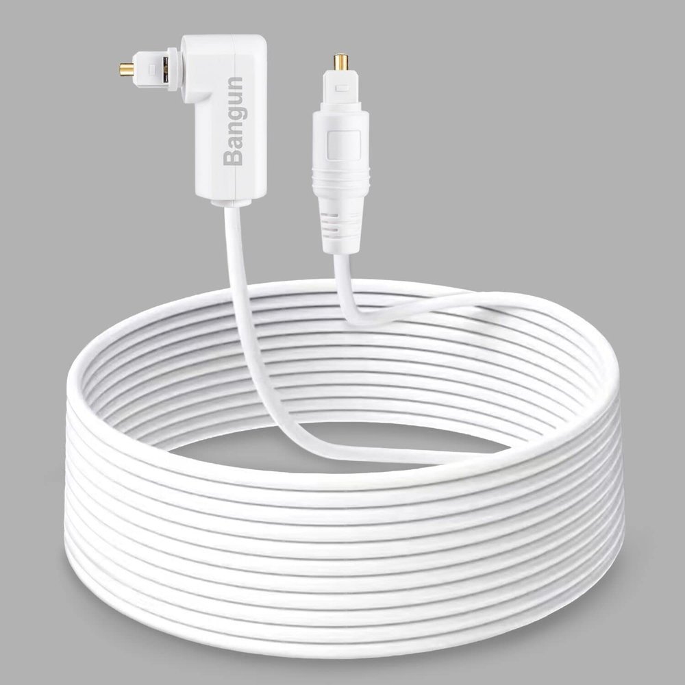 Bangun White Optical Audio Cable 30ft, Slim 90 Degree Digital Audio S/PDIF Toslink Cord, Right Angle Fiber Optic Audio Cable for Sound Bar/TV/PS4/Xbox/Home Theater