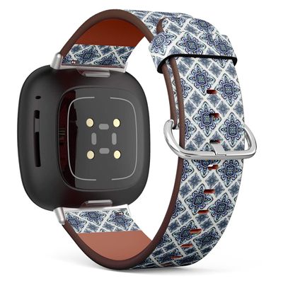 CJBROES Replacement Leather Watch Band, Compatible with Fitbit Versa 3 and Fitbit Sense of Wristband Bracelet Accessory - Portuguese azulejo Tiles Blue White