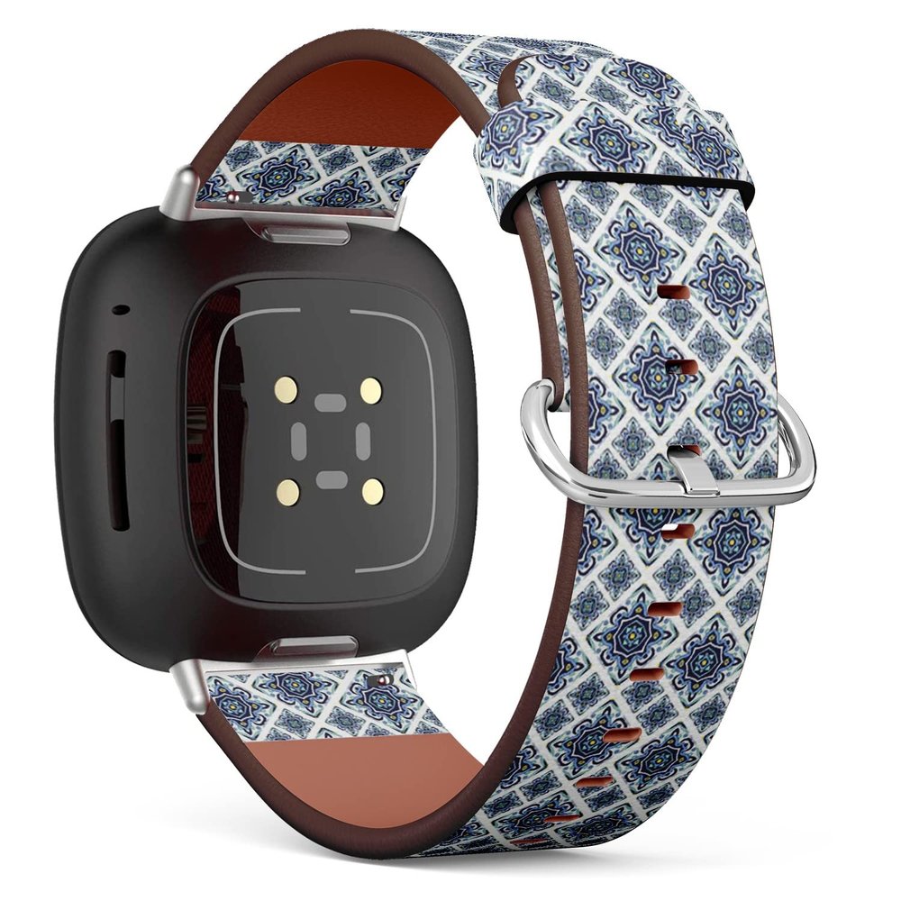 CJBROES Replacement Leather Watch Band, Compatible with Fitbit Versa 3 and Fitbit Sense of Wristband Bracelet Accessory - Portuguese azulejo Tiles Blue White
