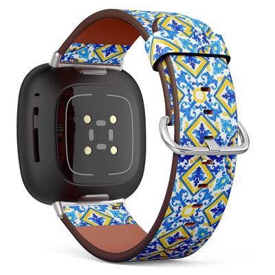 CJBROES Replacement Leather Watch Band, Compatible with Fitbit Versa 3 and Fitbit Sense of Wristband Bracelet Accessory - Portuguese azulejo Tiles Watercolor