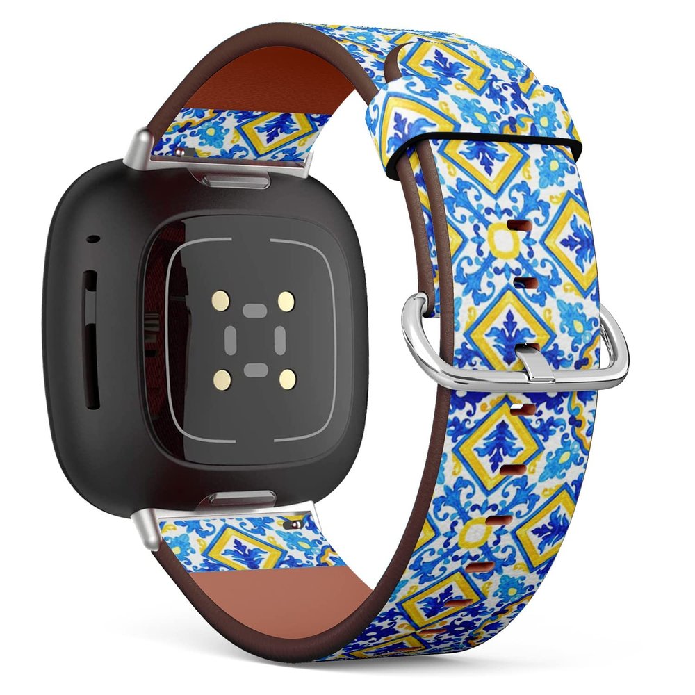 CJBROES Replacement Leather Watch Band, Compatible with Fitbit Versa 3 and Fitbit Sense of Wristband Bracelet Accessory - Portuguese azulejo Tiles Watercolor