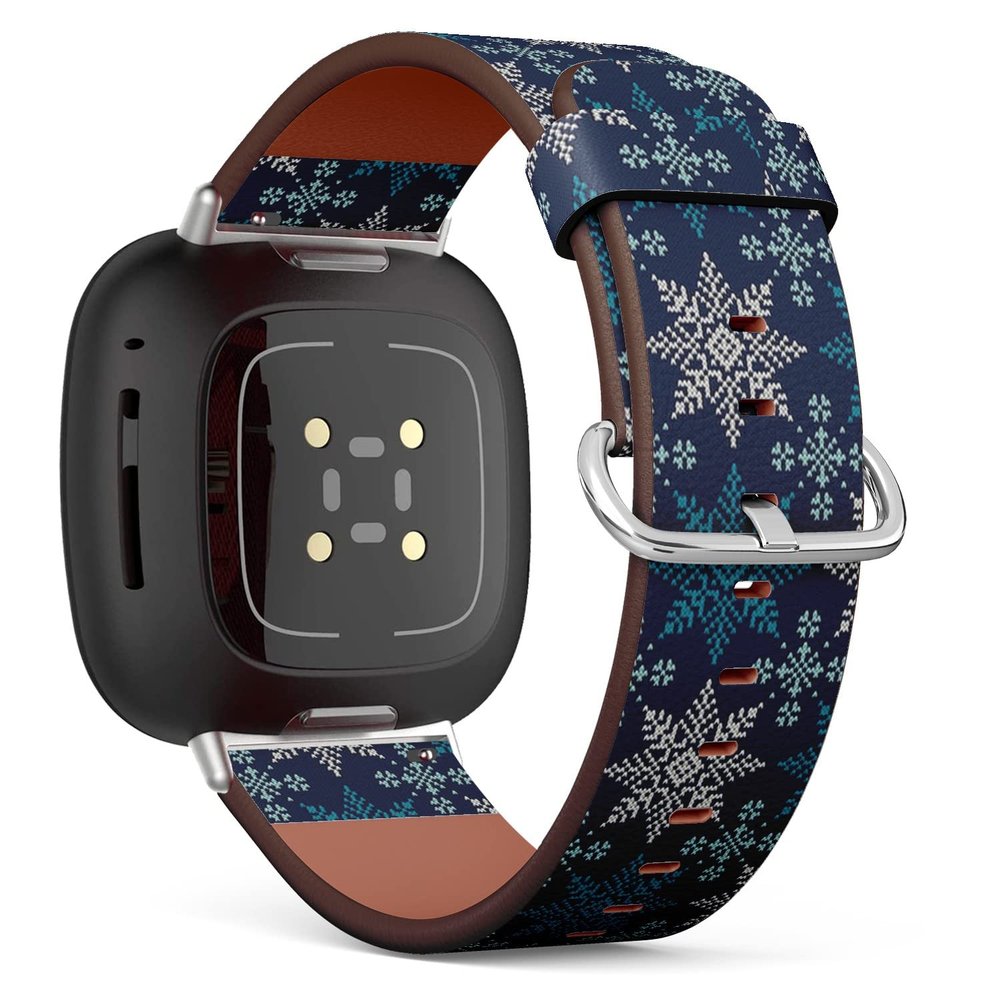 CJBROES Replacement Leather Watch Band, Compatible with Fitbit Versa 3 and Fitbit Sense of Wristband Bracelet Accessory - Winter Holiday Knitted Snowflakes