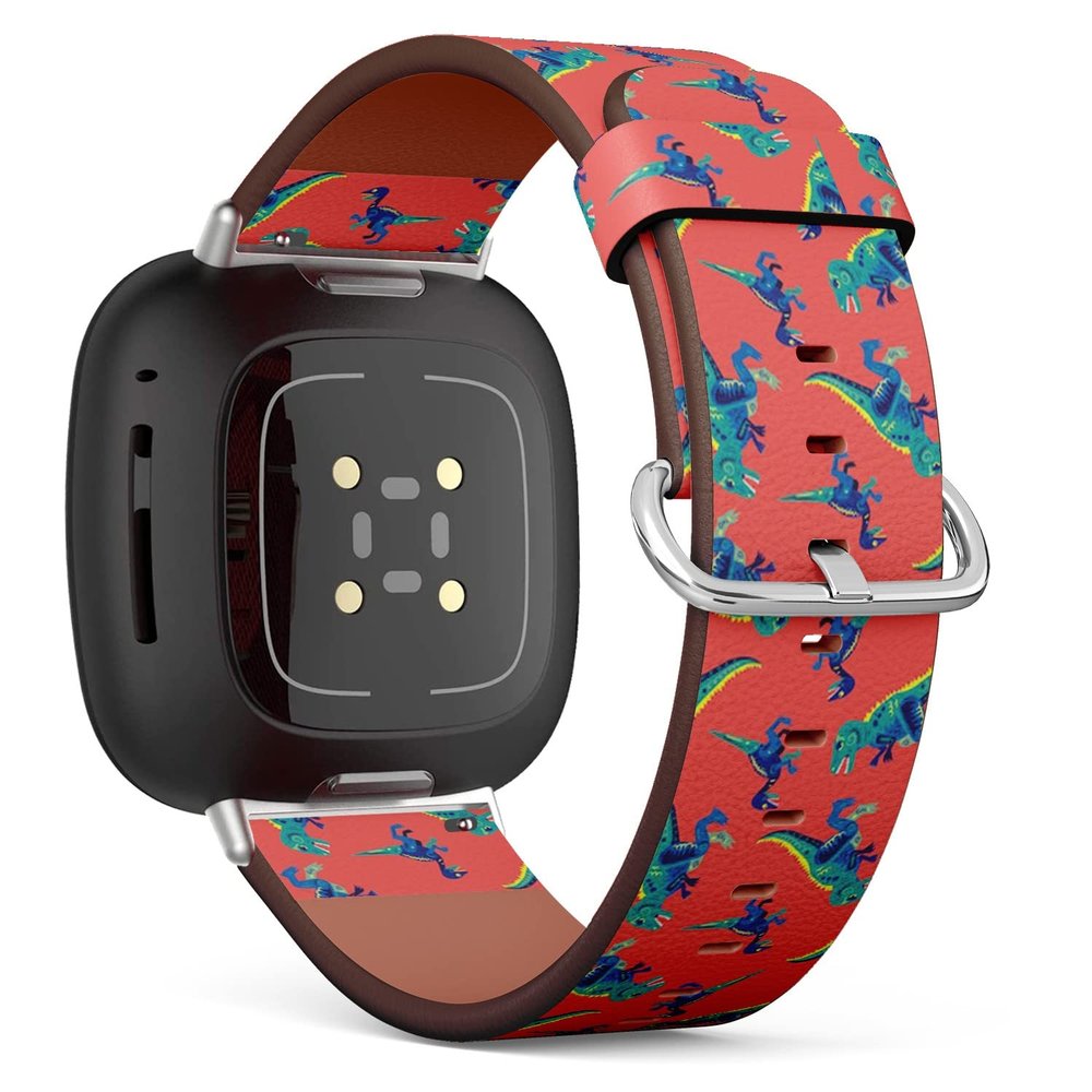 CJBROES Replacement Leather Watch Band, Compatible with Fitbit Versa 3 and Fitbit Sense of Wristband Bracelet Accessory - pop Colorful Cute Dinosaurs