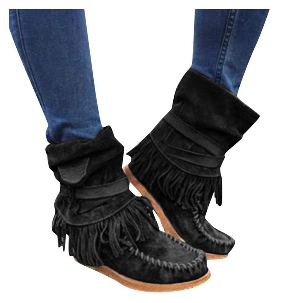Bcshiye Tassel Boots for Women Moccasin Suede Ankle Booties Winter Round Toe Vintage Buckle Strap Mid-Calf Flat Shoes