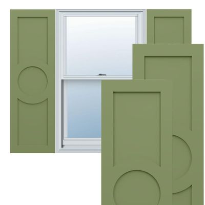 15"W x 73"H True Fit PVC Center Circle Arts & Crafts Fixed Mount Shutters, Moss Green (Per Pair - Hardware Not Included)