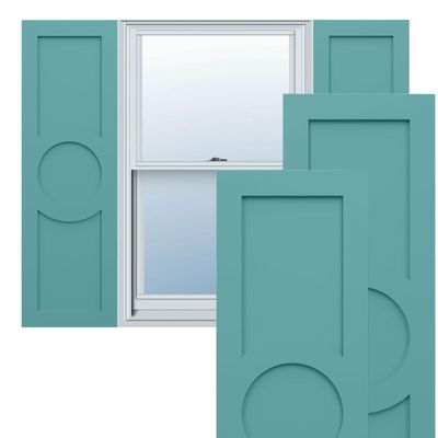 12"W x 58"H True Fit PVC Center Circle Arts & Crafts Fixed Mount Shutters, Pure Turquoise (Per Pair - Hardware Not Included)
