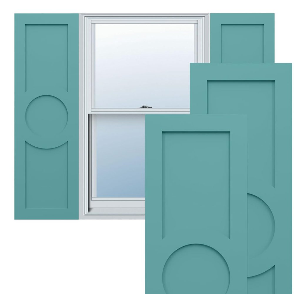 18"W x 40"H True Fit PVC Center Circle Arts & Crafts Fixed Mount Shutters, Pure Turquoise (Per Pair - Hardware Not Included)