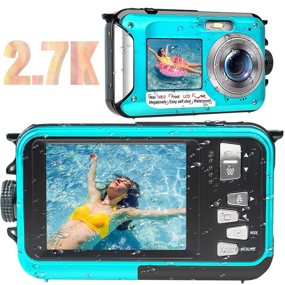 Shimshon Waterproof Camera Waterproof Digital Camera 48MP Image 2.7K Video Underwater Camera for Snorkeling | Dual Screen | 16X Digital Zoom | Flashlight | 10 Feet Waterproof (Blue)