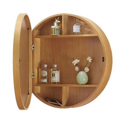 Round bathroom mirror cabinet Solid wood mirror with shelf Flip vanity mirror cabinet Bathroom mirror cabinet wall hanging Family living room wall cabinet ( Color : Wood color , Size : 60cm )