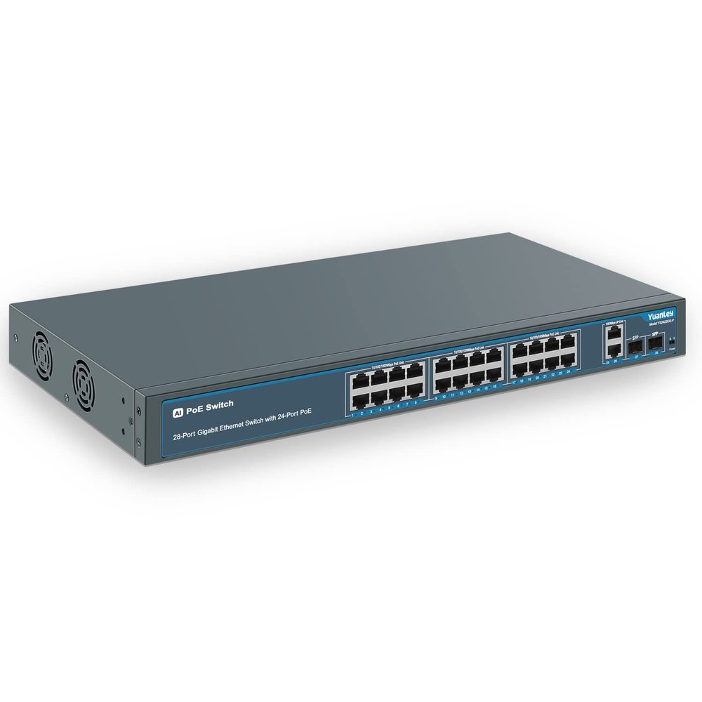24 Port Gigabit Ethernet PoE Switch with 2 Uplink Gigabit Port & 2 SFP Port, YuanLey Unmanaged 24 Port PoE+ Network Switch, Rackmout, Build in 400W Power, Support 802.3af/at, Plug and Play