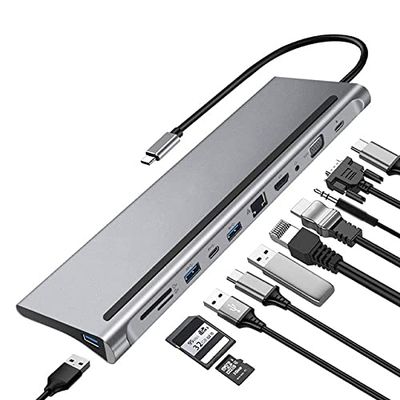 11in1 USB C Hub with 4K HDTV USB3.0 SD/TF Card Reader VGA Rj45 Ethernet 3.5mm Audio and USB C PD Type-C Adapter Dock for MacBook/Pro/Air, iMac and More