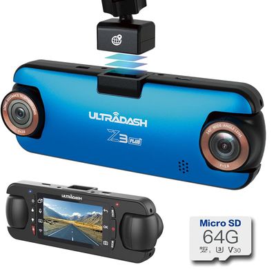UltraDash Z3+ Standard Edition + 64GB SD Card - Dual Lens Dash Cam High Endurance SD 2K 1440P Telephoto Zoom-in Lens 140 Wide Angle Super Capacitor for Commute