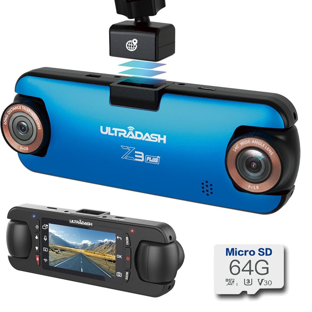 UltraDash Z3+ Standard Edition + 64GB SD Card - Dual Lens Dash Cam High Endurance SD 2K 1440P Telephoto Zoom-in Lens 140 Wide Angle Super Capacitor for Commute