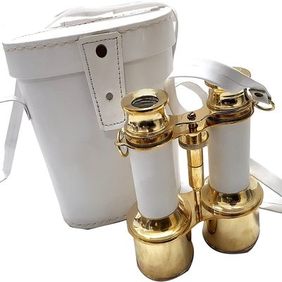 Functional Binocular Shiny Brass and White Leather Box Handmade Marine Article