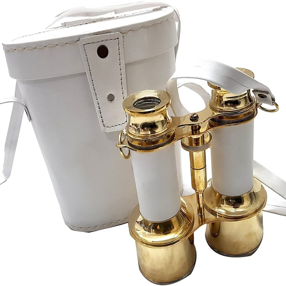 Functional Binocular Shiny Brass and White Leather Box Handmade Marine Article