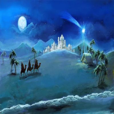 BELECO Fabric 7x5ft Nativity Scene Backdrop Christmas Night Stars Holy Family and Three Kings Desert Castle Cottage Manger Birth of Jesus Backdrop Outdoor Xmas Decor Church Religion Photo Booth Props