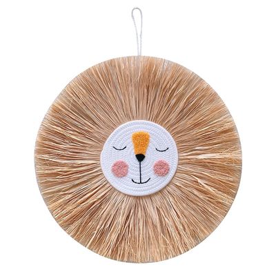 MESE Animal Head Hand-Woven Wall Hanging Craft,Cartoon Lion Tiger Straw and Cotton Thread Weaving Wall Pendant,Nursery Room Wall Art Decor for Home Bedroom Living Room Decoration (G5)