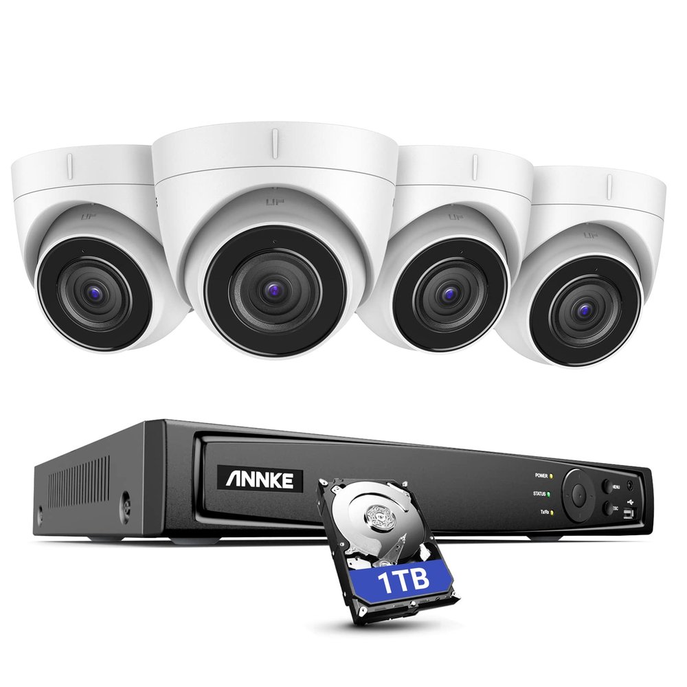 ANNKE H800 4K Security Camera System, 8MP 8CH NVR and 4X PoE Turret 4K Cameras Built-in Microphone, IP67 Weatherproof, 120dB WDR & 3D DNR, Smart IR & 100ft EXIR Night Vision(1TB HDD Included)