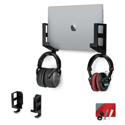BRAINWAVZ Laptop Wall Mount and Headphone Hanger Holder, Adhesive & Screw-in, 3" Wide for Modem, Router, Mesh, TV Cable Box, Network Switch & More, Black