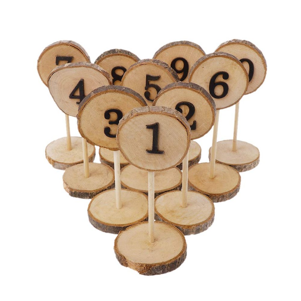 Misright Rustic Wood Table Numbers, 1-10 with Sturdy Holder Base for Party Home Decoration
