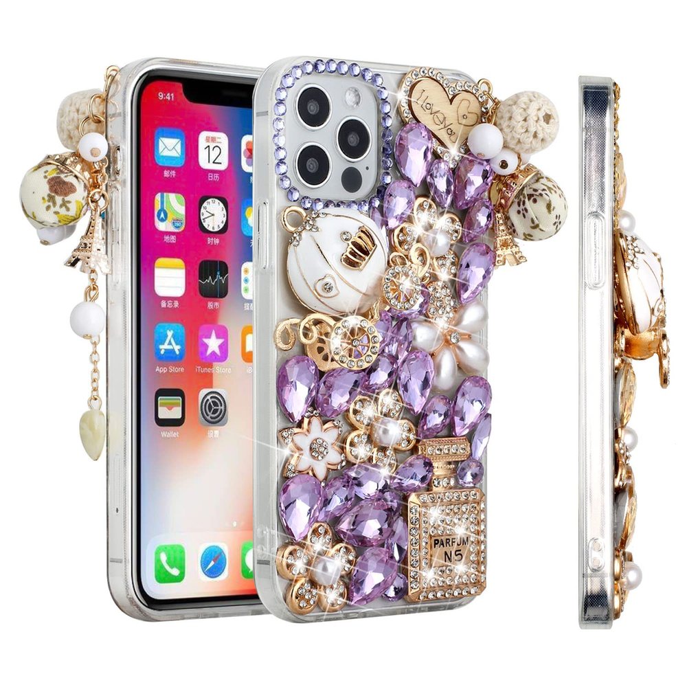 MyCellCovers for iPhone 12 & iPhone 12 Pro (Open Camera Hole) Full Diamond with Ornaments Case Cover - Ultimate Multi Ornament Purple