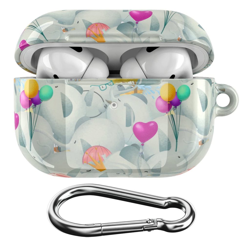 Cavka Case Compatible with Airpods Pro & Pro 2 Airpods 3-2-1 Gen Kids Protective Design Full Body Plastic Shell Kawaii Cartoon Print Round Elephant Lock Clip Animal Cover with Keychain Portable
